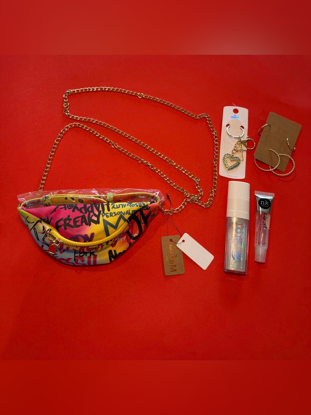 Colorful Graffiti Zip Card & Key Holder with Gold Chain & accessories